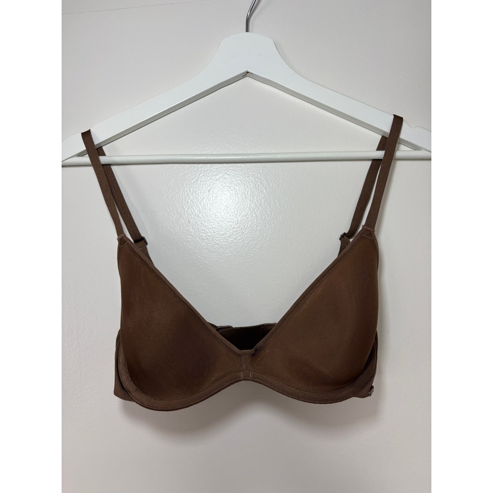 SKIMS Underwire Bra 32C Brown Mesh Lined Adjustable Straps Logo Foundation